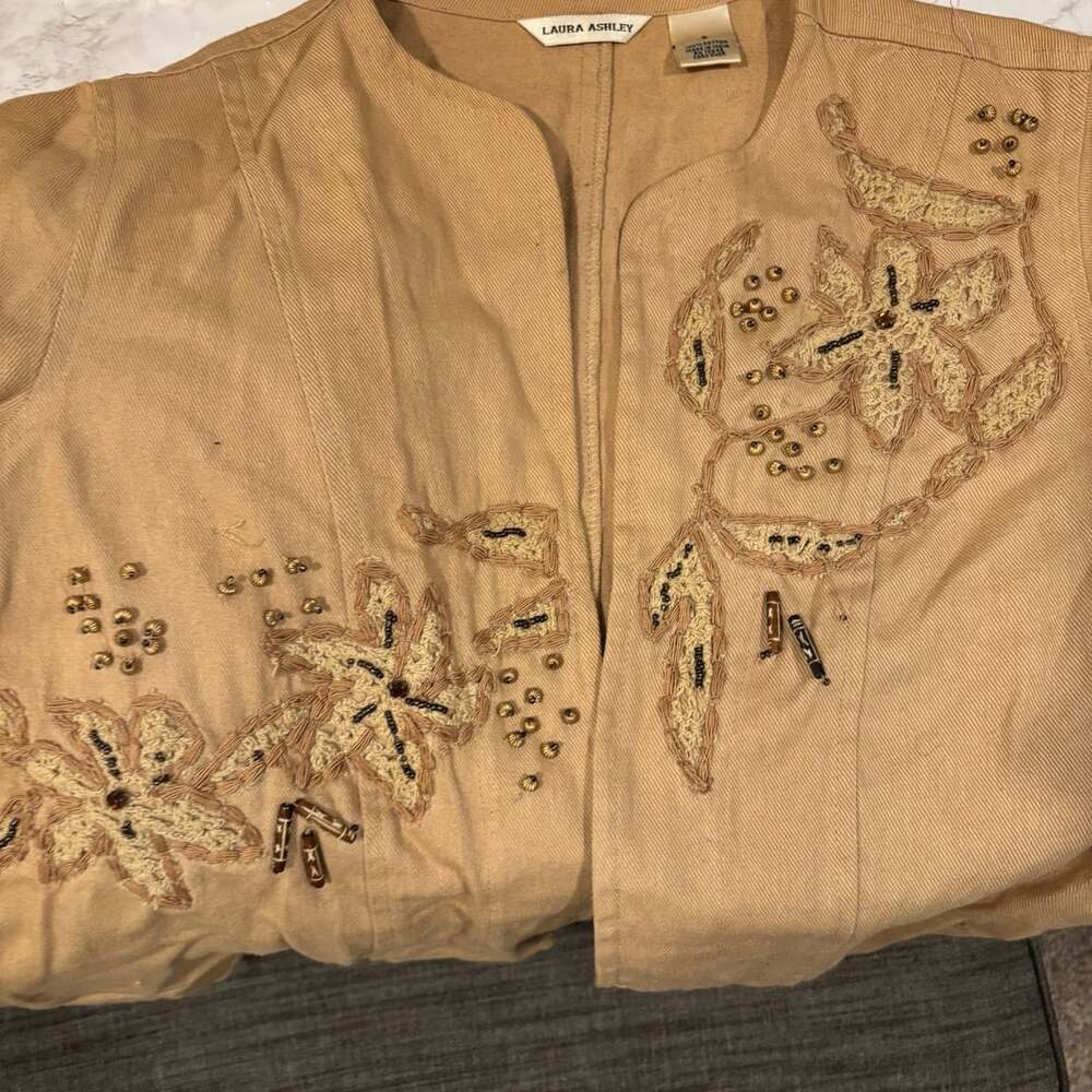 Laura Ashley Embroidered Beaded Linen Jacket Tan Size S - Picture 13 of 13